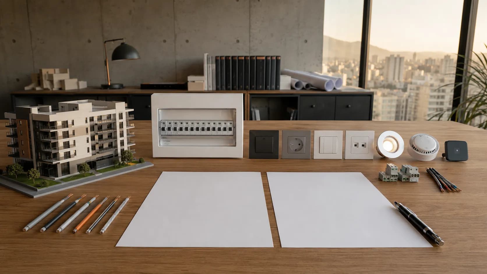 ماکت ساختمان، تابلو برق، کلید، پریز، چراغ، حسگر و کابل‌ها کنار برگه‌های برنامه‌ریزی در استودیوی معماری