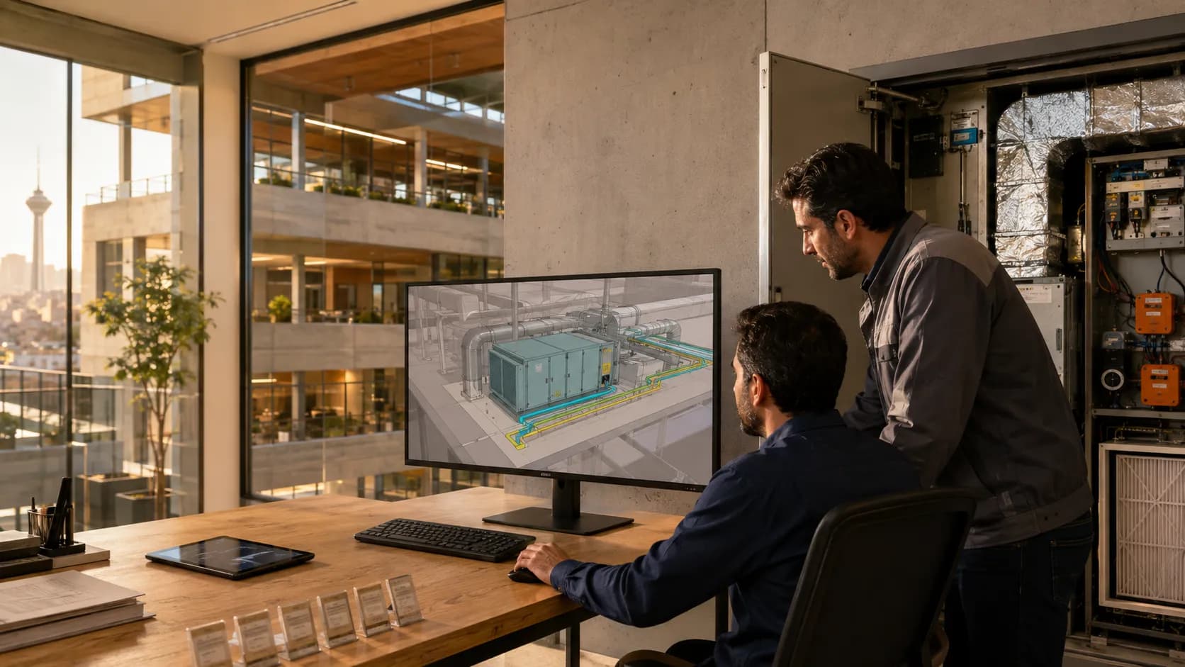 مدیر تأسیسات و تکنسین در حال تطبیق مدل BIM هواساز و مسیرهای تأسیاتی با تجهیزات واقعی ساختمان اداری در تهران