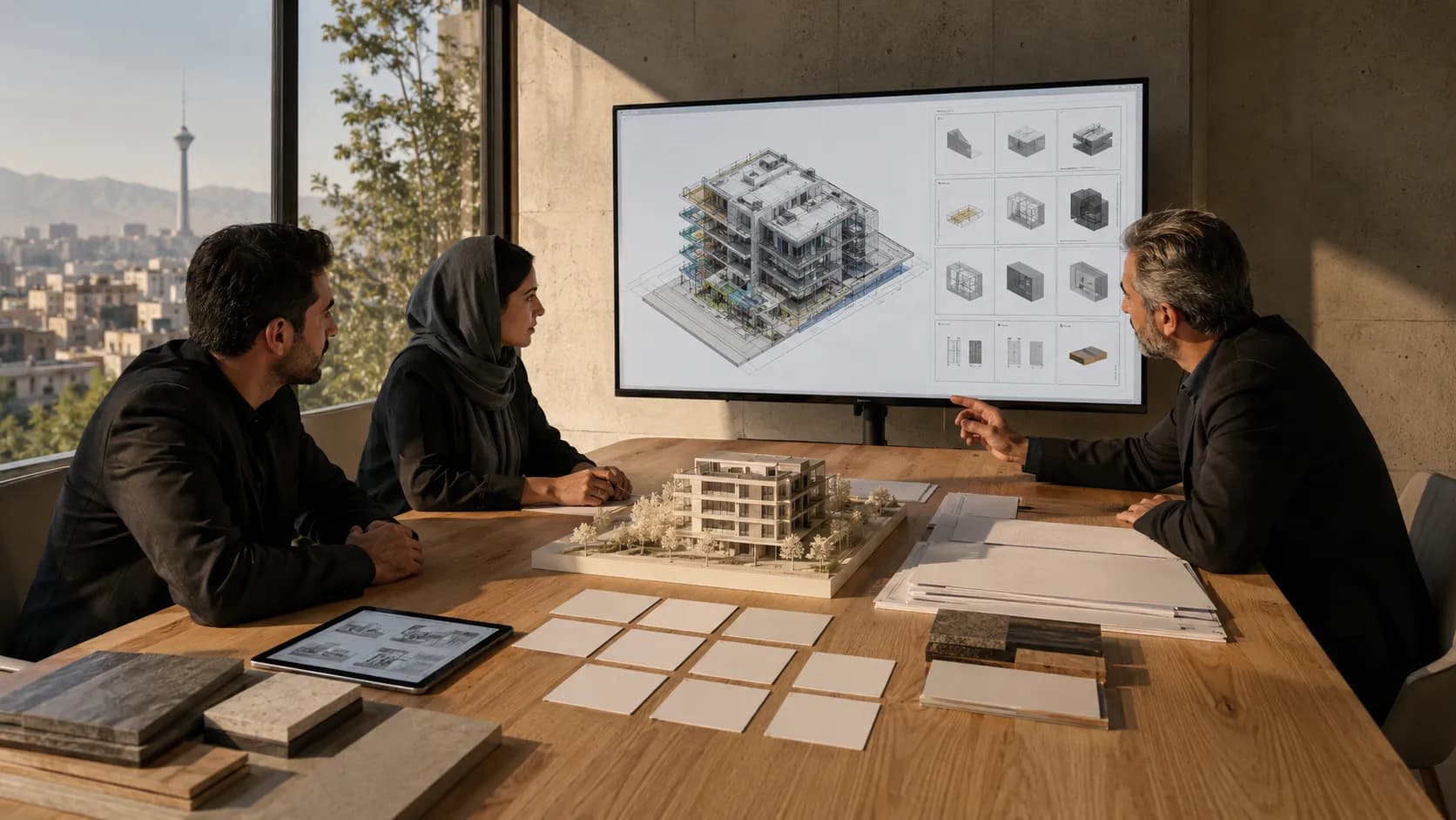 کارفرما و معماران در حال بررسی مدل ساختمان، مدارک و گروه‌بندی خروجی‌های BIM در یک استودیوی معماری معاصر تهران