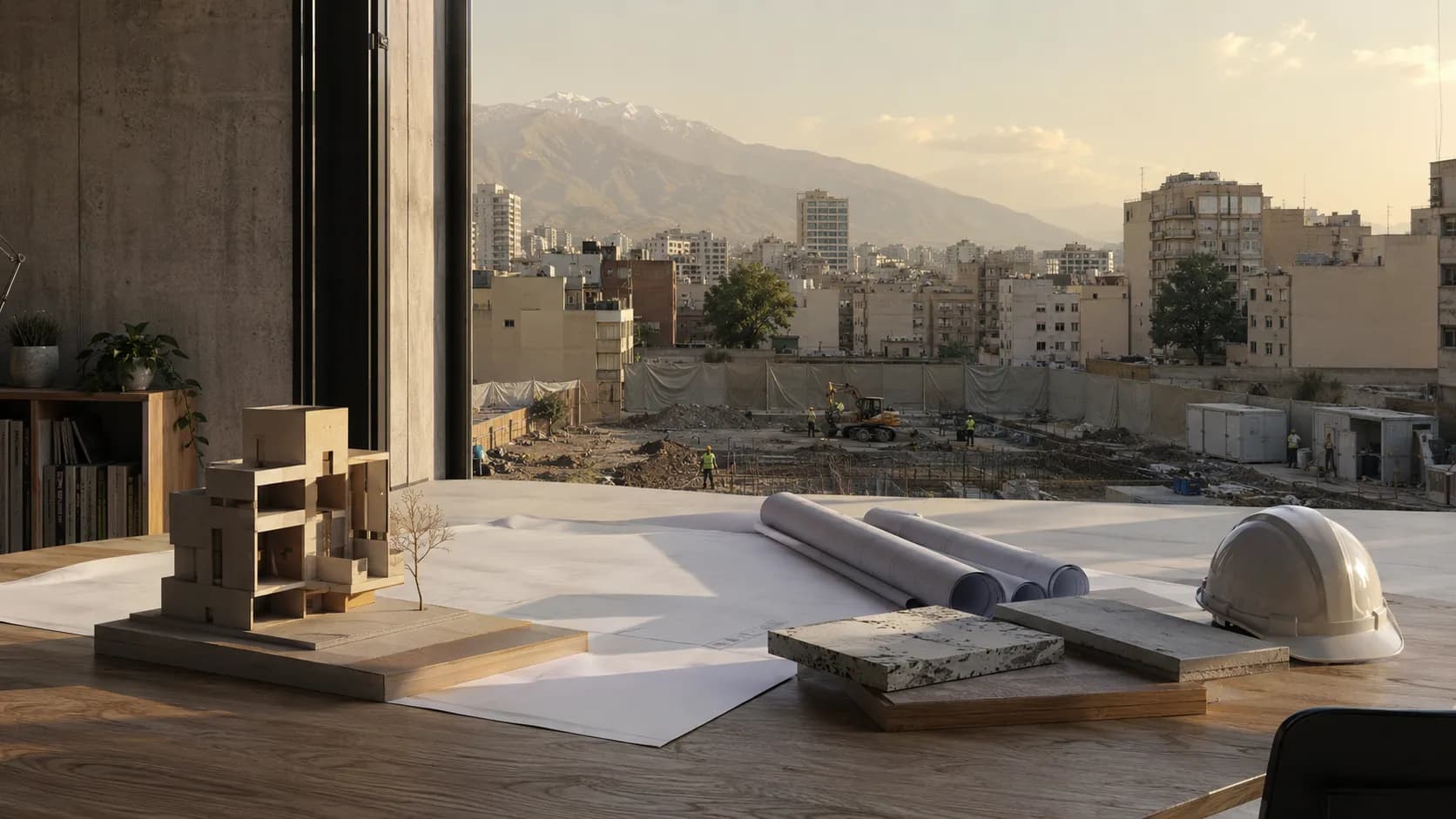 ماکت معماری، نقشه‌ها و نمونه مصالح در استودیویی مشرف به کارگاه ساختمانی تازه‌تجهیزشده در تهران