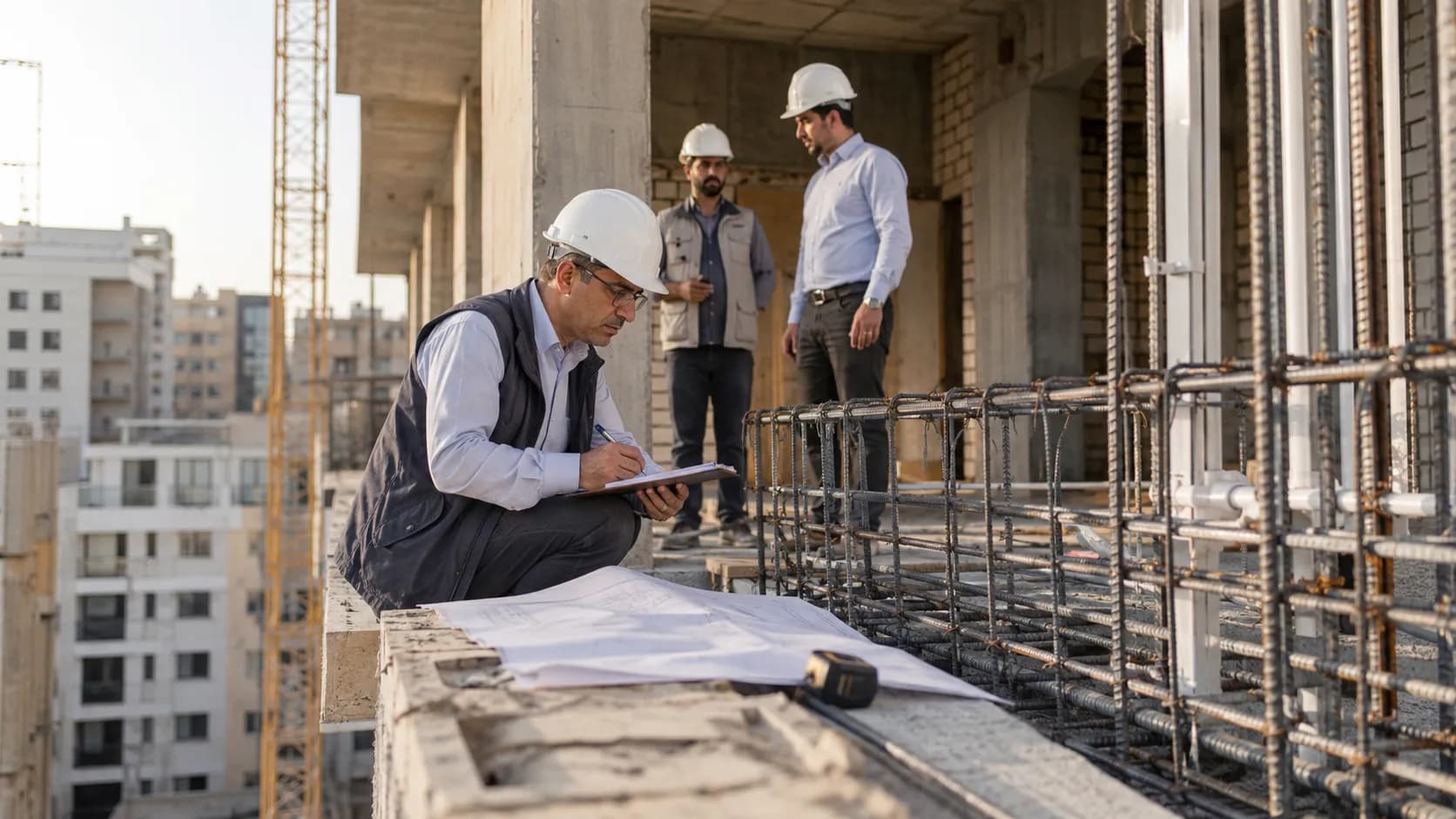 مهندس ناظر در حال کنترل آرماتورها، تأسیسات و تطبیق عملیات اجرایی ساختمان با نقشههای مصوب